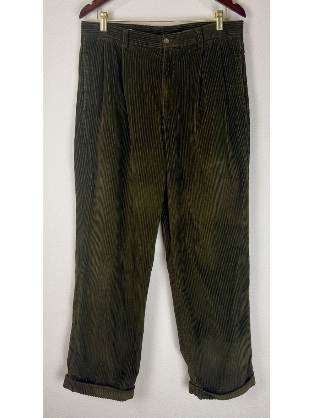 Perry Ellis Men’s Corduroy Pants 38/40 Olive Green Pleated Cuffed 100% Cotton